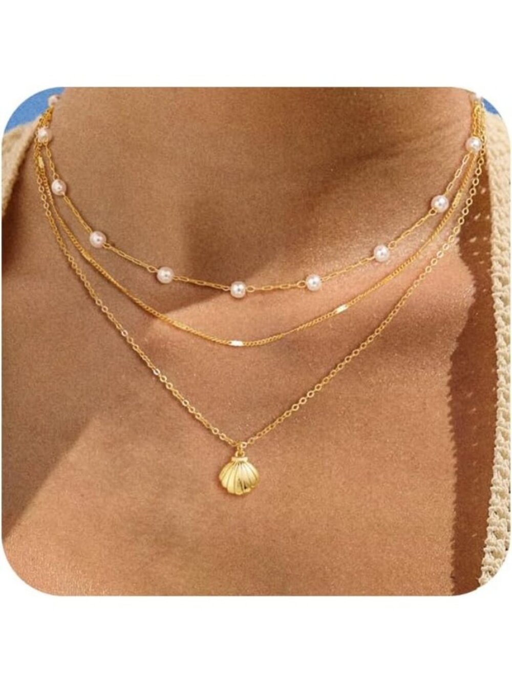 Women's 3pcs Shell Link Pearl Chain Pendant Layered Cuban Link Necklace